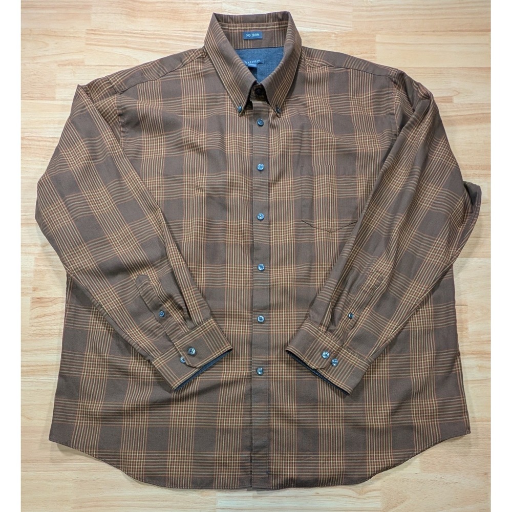 Van Heusen Mens XXL Brown Plaid No Iron Button Down Shirt Long Sleeve 18-18.5